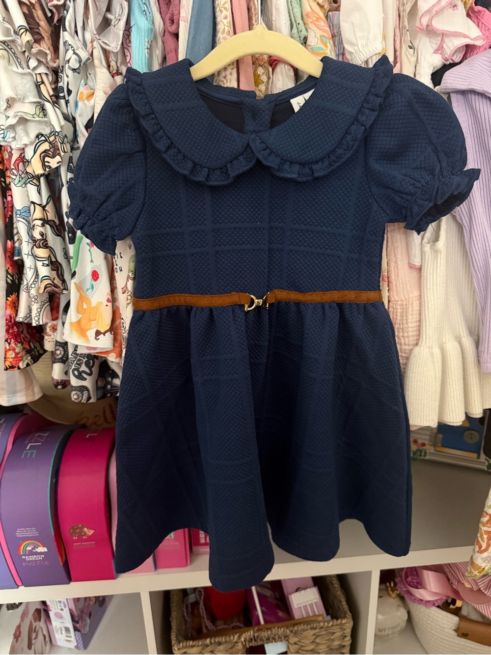 Janie and Jack Navy Textured Dress with Ruffle Collar and Brown Belt